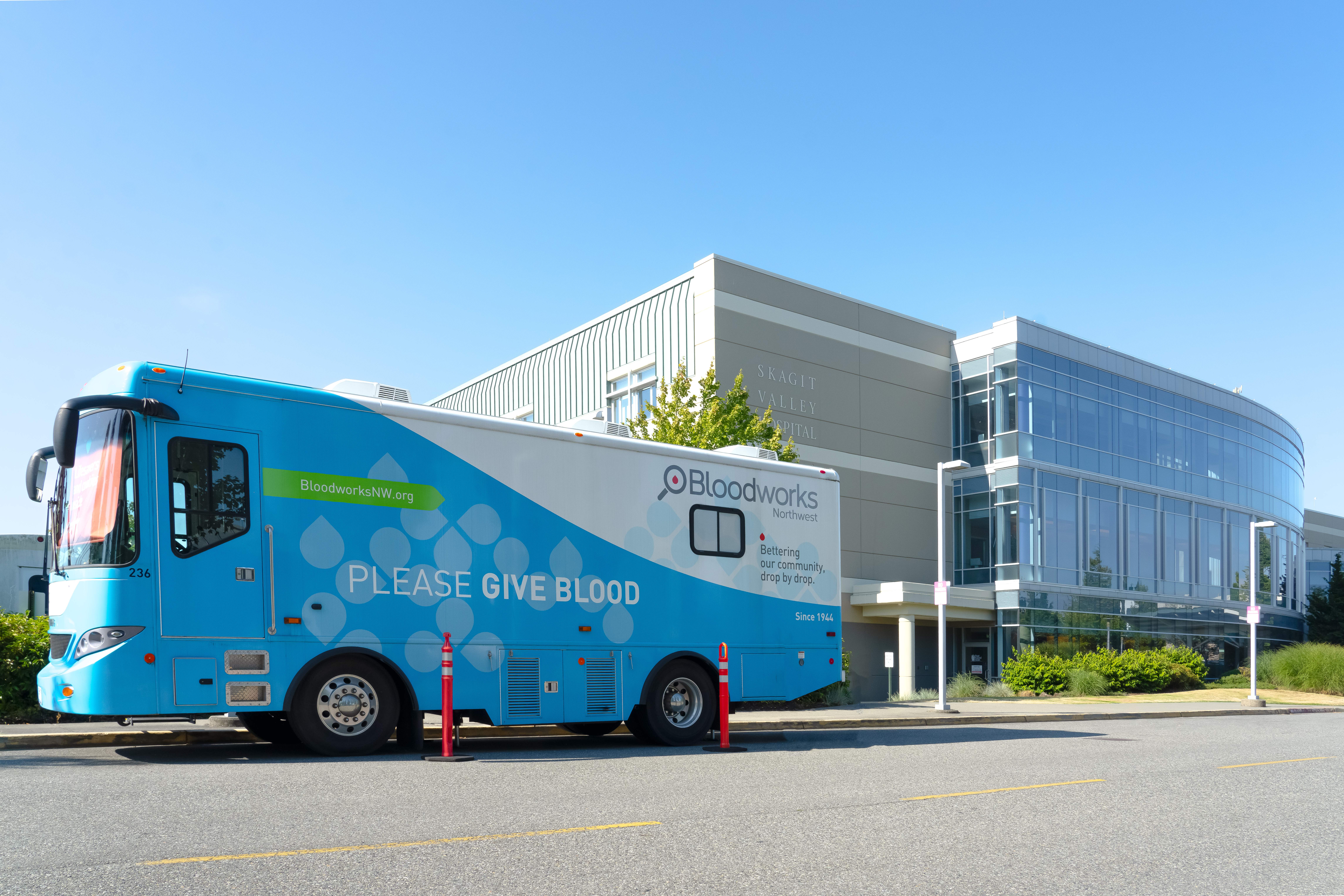 Bloodworks bus parked in front of Skagit Valley Hospital.