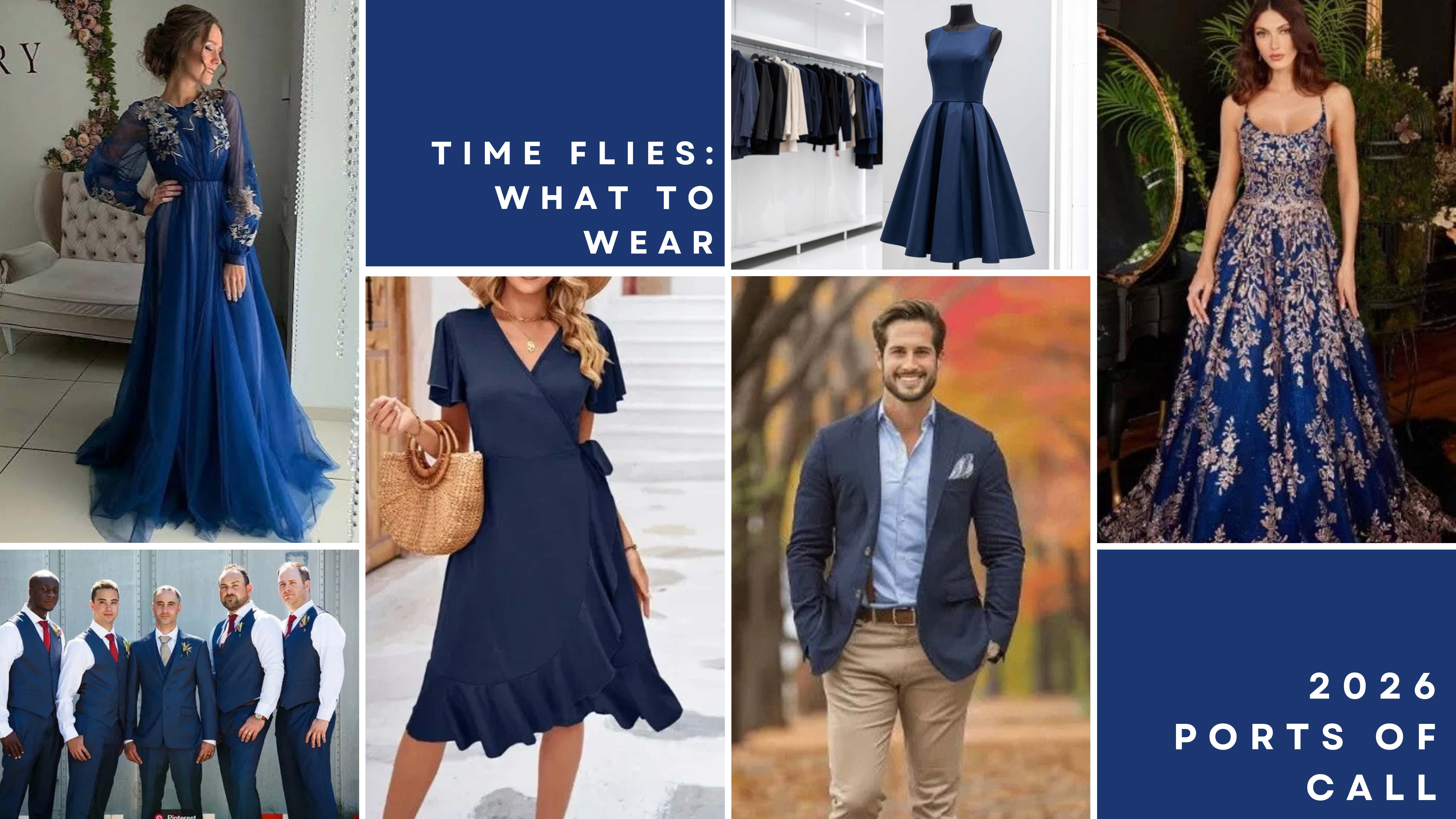 2026 POC Time flies: what to wear graphic showing navy and gold outfit inspirations.