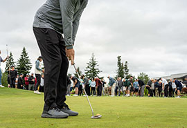Golfer putting a golf ball on a course green.
